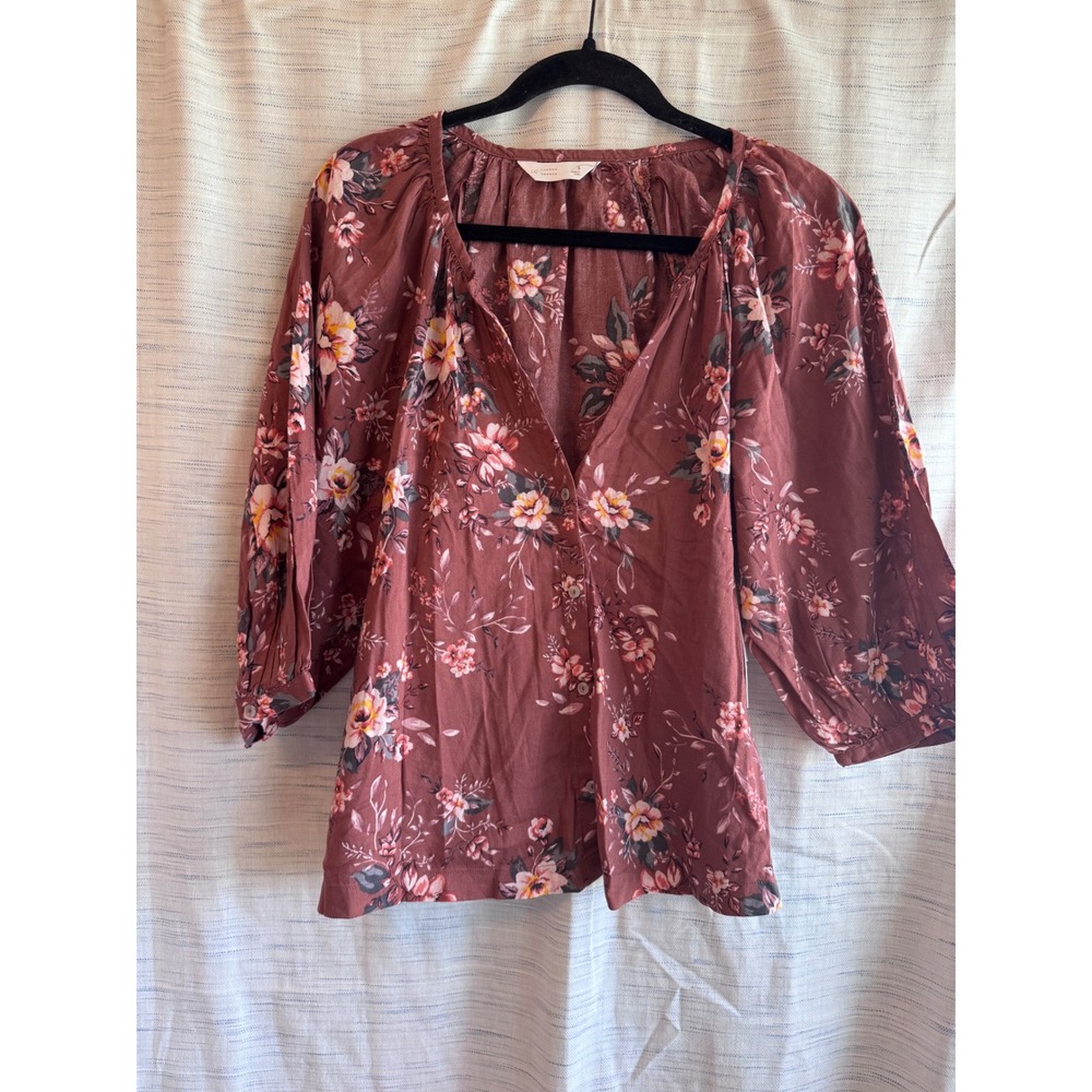 LC Lauren Conrad Rust Brown Floral V-Neck Puff Sleeve Blouse Small NWT